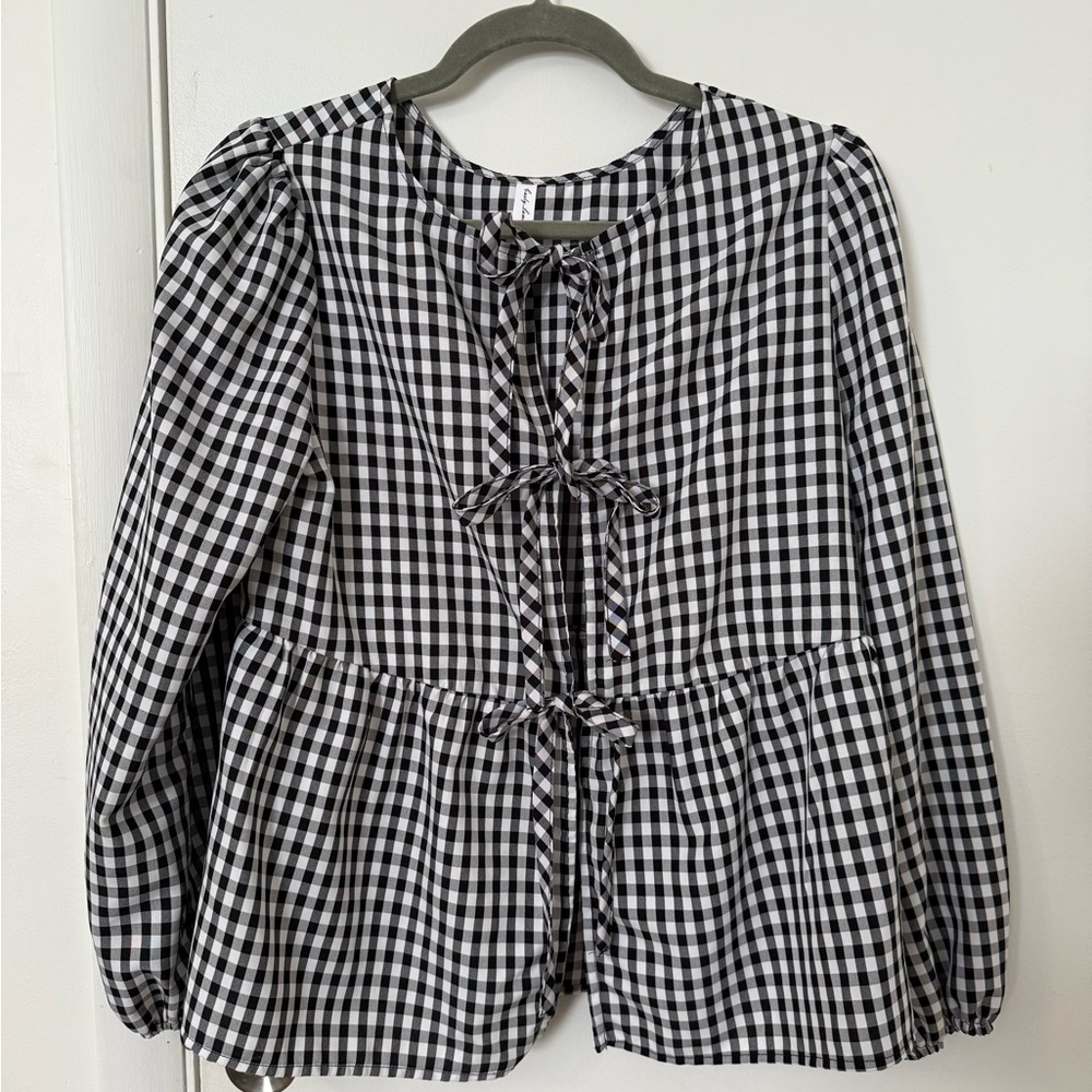 Gingham Front Tie Blouse